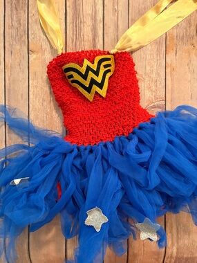 Wonder Woman Inspired Girls Red & Blue Tutu Costume with Gold Emblem